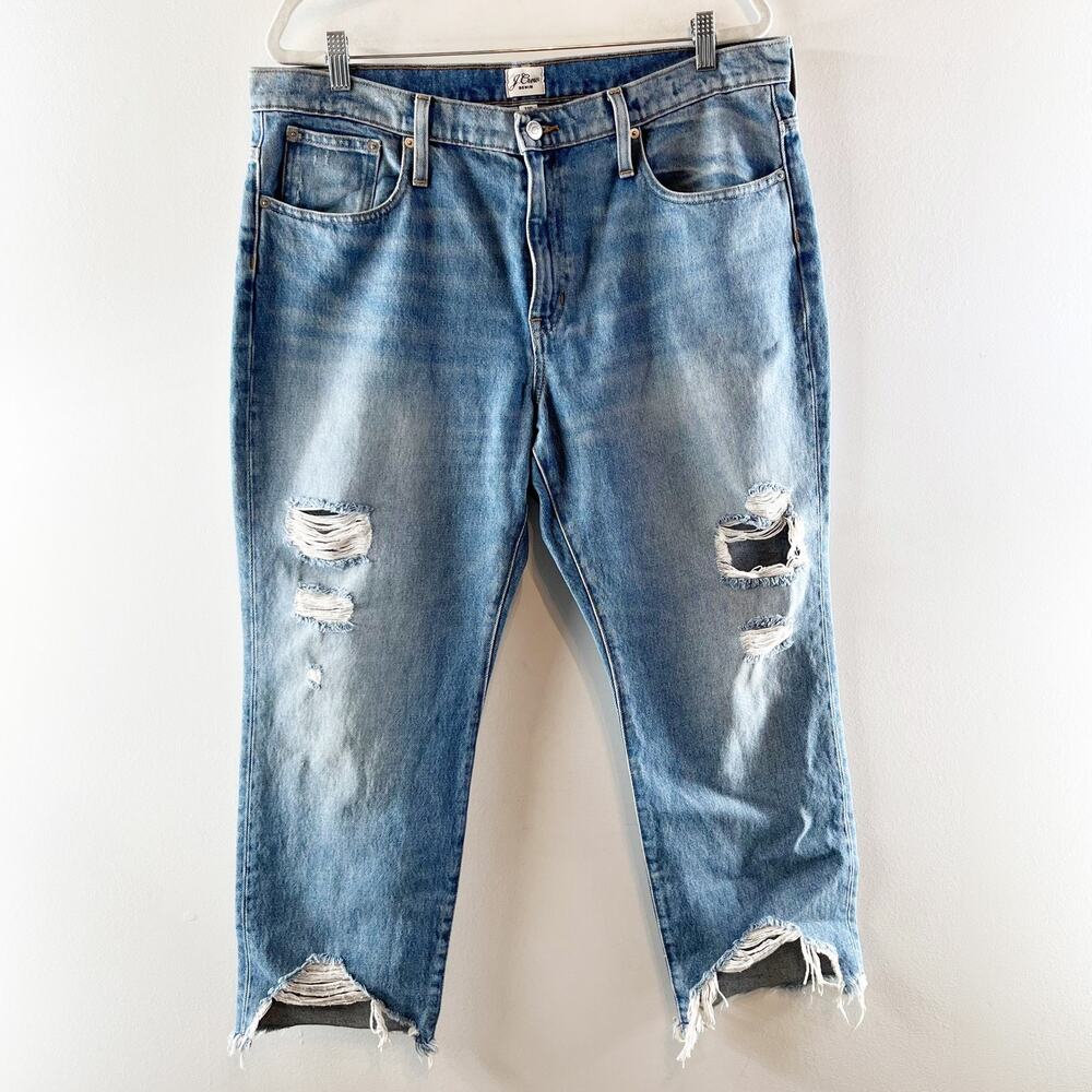 J. Crew Slouchy Boyfriend Distressed High Rise Chewed Hem Jeans Blue 31 Petite